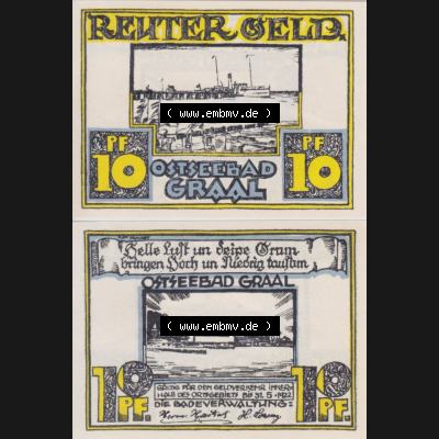Deutsches Reich Reutergeld Graal 10 Pfennig, das Digitale Bild vom Notgeld aus Graal mit der Vorderseite und Rückseite (VS+RS) auf einen digitalen Bild vom hier gezeigten Reutergeld-Notgeldschein... Sammlung