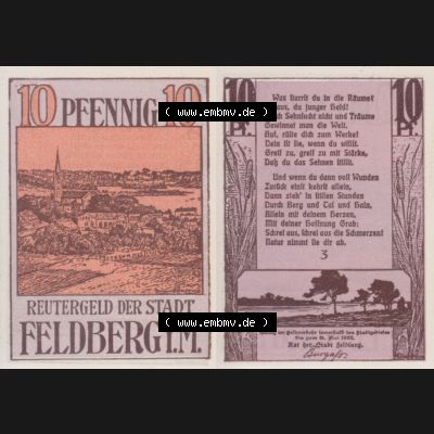 Deutsches Reich Reutergeld Feldberg 10 Pfennig, das Digitale Bild vom Notgeld aus Feldberg mit der Vorderseite und Rückseite (VS+RS) auf einen digitalen Bild vom hier gezeigten... Sammlung