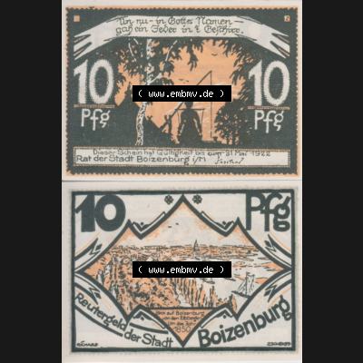 Deutsches Reich Reutergeld Boizenburg 10 Pfennig, das Digitale Bild mit der Vorderseite und Rückseite (VS+RS) auf einen digitalen Bild vom hier gezeigten Reutergeld-Notgeldschein... Sammlung