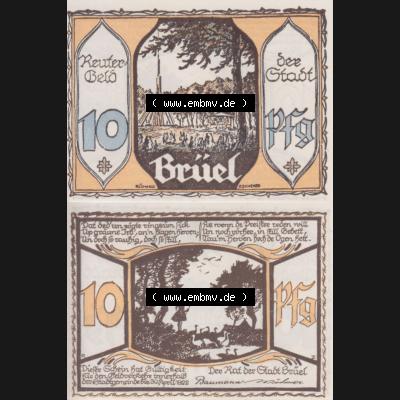 Deutsches Reich Reutergeld Brüel 10 Pfennig, das Digitale Bild mit der Vorderseite und Rückseite (VS+RS) auf einen digitalen Bild vom hier gezeigten Reutergeld-Notgeldschein... Sammlung
