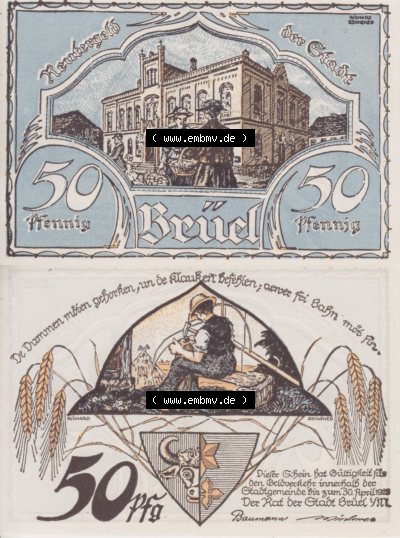 Deutsches Reich Reutergeld Brüel 50 Pfennig, das Digitale Bild mit der Vorderseite und Rückseite (VS+RS) auf einen digitalen... Sammlung