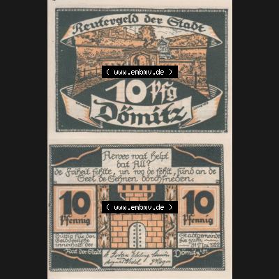 Deutsches Reich Reutergeld Dömitz 10 Pfennig, das Digitale Bild vom Notgeld aus Dömitz mit der Vorderseite und Rückseite (VS+RS) auf einen digitalen Bild vom hier gezeigten... Sammlung