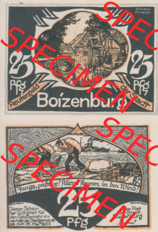 Deutsches Reich Reutergeld Boizenburg 25 Pfennig, das Digitale Bild mit der Vorderseite und Rückseite (VS+RS) auf einen digitalen Bild vom hier gezeigten Reutergeld-Notgeldschein... Sammlung
