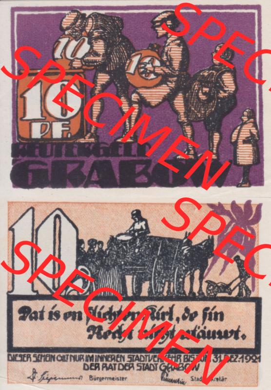 Deutsches Reich Reutergeld Grabow 10 Pfennig, das Digitale Bild vom Notgeld aus Grabow mit der Vorderseite und Rückseite (VS+RS) auf einen digitalen Bild vom hier gezeigten Reutergeld-Notgeldschein... Sammlung