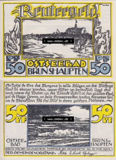 Deutsches Reich Reutergeld Brunshaupten 50 Pfennig, das Digitale Bild mit der Vorderseite und Rückseite (VS+RS) auf einen digitalen... Sammlung