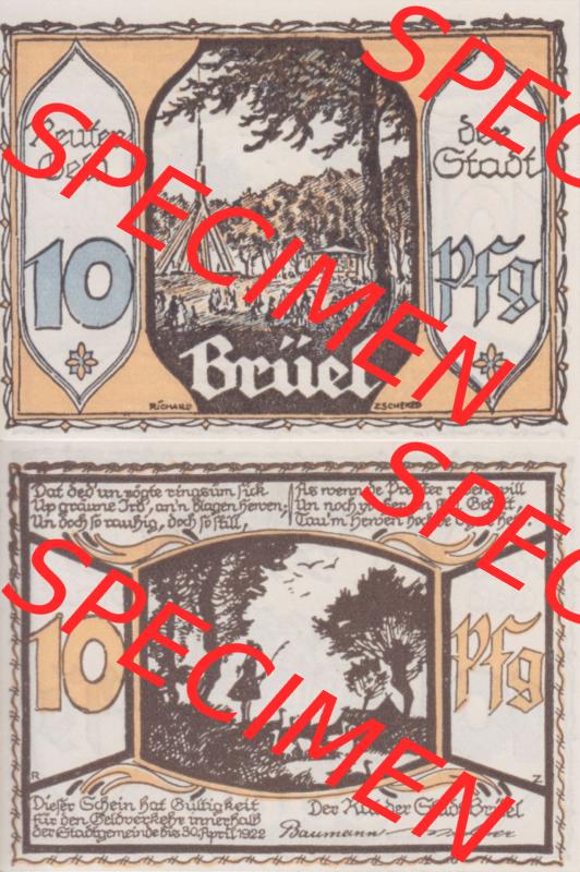 Deutsches Reich Reutergeld Brüel 10 Pfennig, das Digitale Bild mit der Vorderseite und Rückseite (VS+RS) auf einen digitalen Bild vom hier gezeigten Reutergeld-Notgeldschein... Sammlung