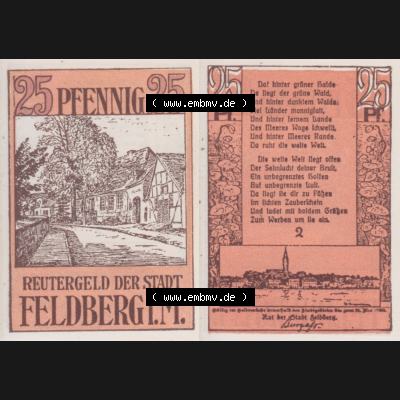 Deutsches Reich Reutergeld Feldberg 25 Pfennig, das Digitale Bild vom Notgeld aus Feldberg mit der Vorderseite und Rückseite (VS+RS) auf einen digitalen Bild vom hier gezeigten... Sammlung
