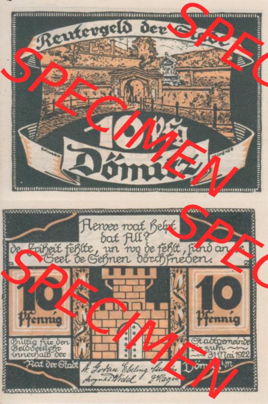 Deutsches Reich Reutergeld Dömitz 10 Pfennig, das Digitale Bild vom Notgeld aus Dömitz mit der Vorderseite und Rückseite (VS+RS) auf einen digitalen Bild vom hier gezeigten... Sammlung