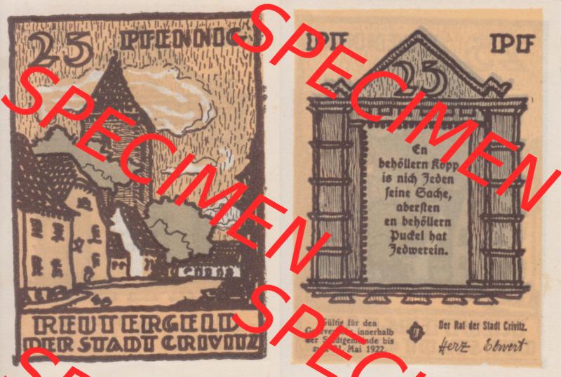 Deutsches Reich Reutergeld Crivitz 25 Pfennig, das Digitale Bild mit der Vorderseite und Rückseite (VS+RS) auf einen digitalen Bild vom hier gezeigten Reutergeld-Notgeldschein... Sammlung