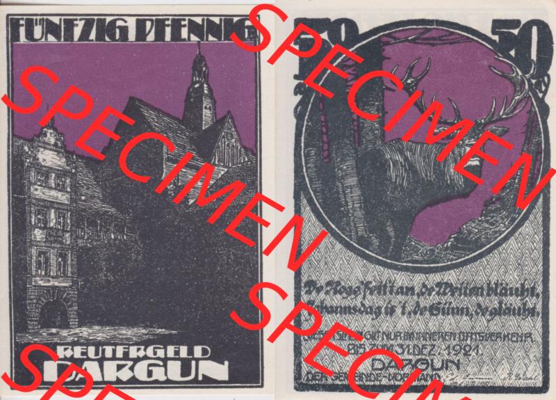 Deutsches Reich Reutergeld Dargun 50 Pfennig, das Digitale Bild mit der Vorderseite und Rückseite (VS+RS) auf einen digitalen Bild vom hier gezeigten Reutergeld-Notgeldschein... Sammlung