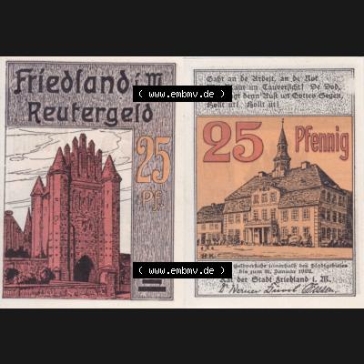 Deutsches Reich Reutergeld Friedland 25 Pfennig, das Digitale Bild vom Notgeld aus Friedland mit der Vorderseite und Rückseite (VS+RS) auf einen digitalen Bild vom hier gezeigten... Sammlung