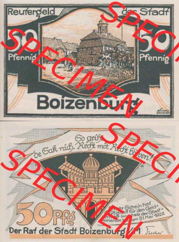 Deutsches Reich Reutergeld Boizenburg 50 Pfennig, das Digitale Bild mit der Vorderseite und Rückseite (VS+RS) auf einen digitalen Bild vom hier gezeigten Reutergeld-Notgeldschein... Sammlung