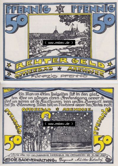 Deutsches Reich Reutergeld Arendsee 50 Pfennig, das Digitale Bild mit der Vorderseite und Rückseite (VS+RS) auf einen digitalen... Sammlung