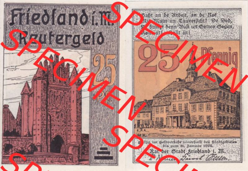 Deutsches Reich Reutergeld Friedland 25 Pfennig, das Digitale Bild vom Notgeld aus Friedland mit der Vorderseite und Rückseite (VS+RS) auf einen digitalen Bild vom hier gezeigten... Sammlung