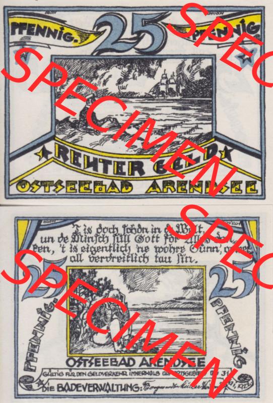 Deutsches Reich Reutergeld Arendsee 25 Pfennig, das Digitale Bild mit der Vorderseite und Rückseite (VS+RS) auf einen digitalen Bild vom hier gezeigten Reutergeld-Notgeldschein... Sammlung