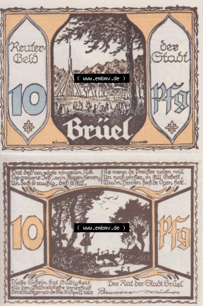 Deutsches Reich Reutergeld Brüel 10 Pfennig, das Digitale Bild mit der Vorderseite und Rückseite (VS+RS) auf einen digitalen... Sammlung