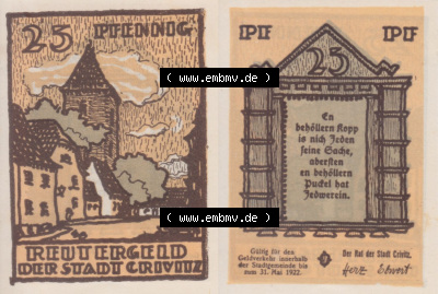 Deutsches Reich Reutergeld Crivitz 25 Pfennig, das Digitale Bild mit der Vorderseite und Rückseite (VS+RS) auf einen digitalen... Sammlung