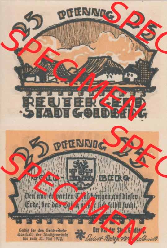 Deutsches Reich Reutergeld Goldberg 25 Pfennig, das Digitale Bild vom Notgeld aus Goldberg mit der Vorderseite und Rückseite (VS+RS) auf einen digitalen Bild vom hier gezeigten... Sammlung