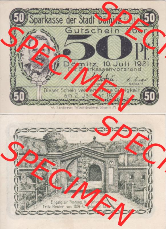 Deutsches Reich Reutergeld Dömitz Fritz Reuter 50 Pfennig, das Digitale Bild vom Notgeld aus Dömitz mit der Vorderseite und Rückseite (VS+RS) auf einen digitalen Bild... Sammlung