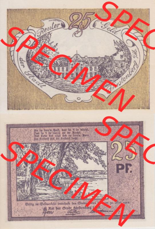 Deutsches Reich Reutergeld Fürstenberg 25 Pfennig, das Digitale Bild vom Notgeld aus Fürstenberg mit der Vorderseite und Rückseite (VS+RS) auf einen digitalen Bild vom... Sammlung
