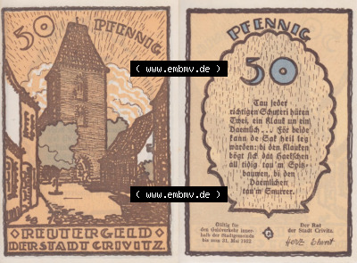 Deutsches Reich Reutergeld Crivitz 50 Pfennig, das Digitale Bild mit der Vorderseite und Rückseite (VS+RS) auf einen digitalen... Sammlung