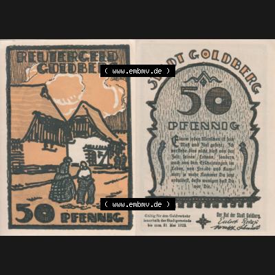 Deutsches Reich Reutergeld Goldberg 50 Pfennig, das Digitale Bild vom Notgeld aus Goldberg mit der Vorderseite und Rückseite (VS+RS) auf einen digitalen Bild vom hier gezeigten... Sammlung