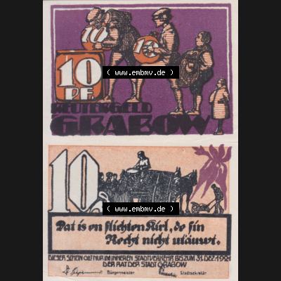Deutsches Reich Reutergeld Grabow 10 Pfennig, das Digitale Bild vom Notgeld aus Grabow mit der Vorderseite und Rückseite (VS+RS) auf einen digitalen Bild vom hier gezeigten Reutergeld-Notgeldschein... Sammlung