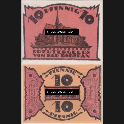 Deutsches Reich Reutergeld Bad Doberan 10 Pfennig, das Digitale Bild mit der Vorderseite und Rückseite (VS+RS) auf einen digitalen Bild vom hier gezeigten Reutergeld-Notgeldschein... Sammlung
