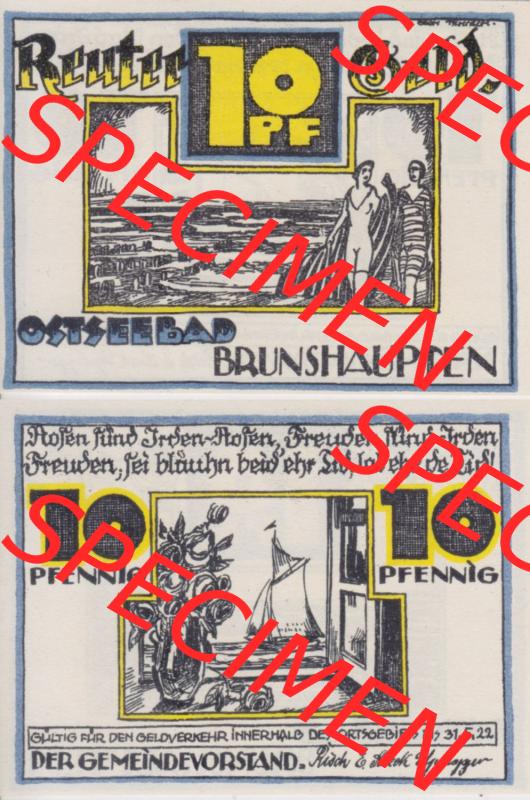 Deutsches Reich Reutergeld Brunshaupten 10 Pfennig, das Digitale Bild mit der Vorderseite und Rückseite (VS+RS) auf einen digitalen Bild vom hier gezeigten Reutergeld-Notgeldschein... Sammlung