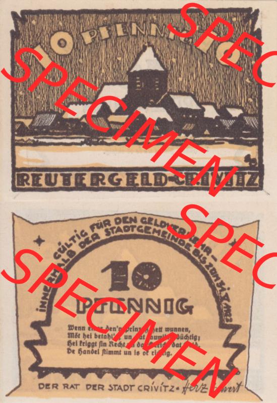 Deutsches Reich Reutergeld Crivitz 10 Pfennig, das Digitale Bild mit der Vorderseite und Rückseite (VS+RS) auf einen digitalen Bild vom hier gezeigten Reutergeld-Notgeldschein... Sammlung
