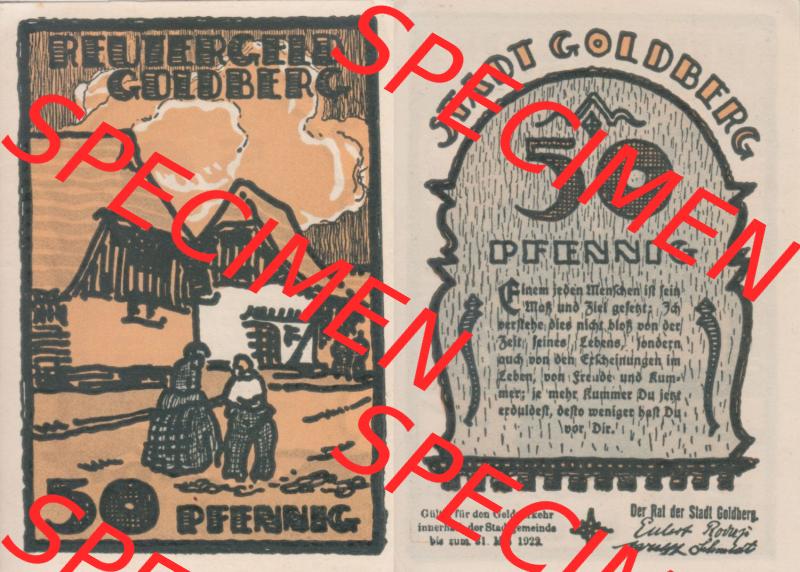 Deutsches Reich Reutergeld Goldberg 50 Pfennig, das Digitale Bild vom Notgeld aus Goldberg mit der Vorderseite und Rückseite (VS+RS) auf einen digitalen Bild vom hier gezeigten... Sammlung