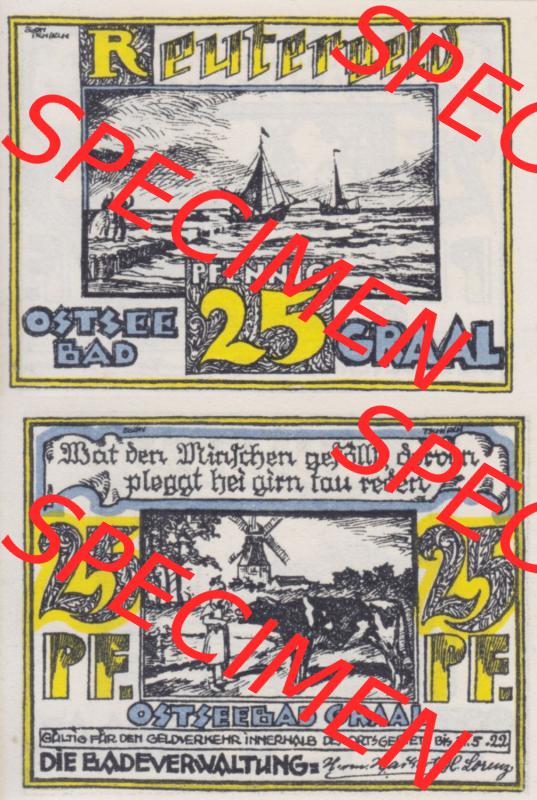 Deutsches Reich Reutergeld Graal 25 Pfennig, das Digitale Bild vom Notgeld aus Graal mit der Vorderseite und Rückseite (VS+RS) auf einen digitalen Bild vom hier gezeigten Reutergeld-Notgeldschein... Sammlung
