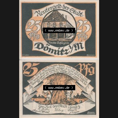 Deutsches Reich Reutergeld Dömitz 25 Pfennig, das Digitale Bild vom Notgeld aus Dömitz mit der Vorderseite und Rückseite (VS+RS) auf einen digitalen Bild vom hier gezeigten... Sammlung