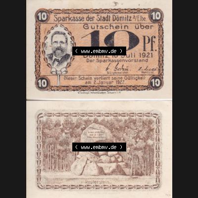 Deutsches Reich Reutergeld Dömitz Fritz Reuter 10 Pfennig, das Digitale Bild vom Notgeld aus Dömitz mit der Vorderseite und Rückseite (VS+RS) auf einen digitalen Bild... Sammlung