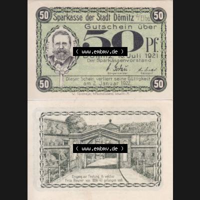Deutsches Reich Reutergeld Dömitz Fritz Reuter 50 Pfennig, das Digitale Bild vom Notgeld aus Dömitz mit der Vorderseite und Rückseite (VS+RS) auf einen digitalen Bild... Sammlung