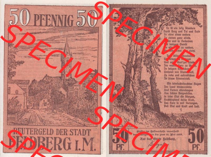 Deutsches Reich Reutergeld Feldberg 50 Pfennig, das Digitale Bild vom Notgeld aus Feldberg mit der Vorderseite und Rückseite (VS+RS) auf einen digitalen Bild vom hier gezeigten... Sammlung