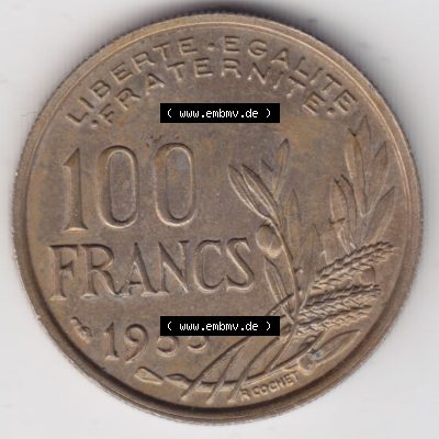 Münzen Frankreich Eurovorläufer, Umlaufmünze vor Euroeinführung 1954-1958, 100 Francs, Franken Typ II 1955. Vorderseite einer Münze aus Europa als Digitales... Sammlung