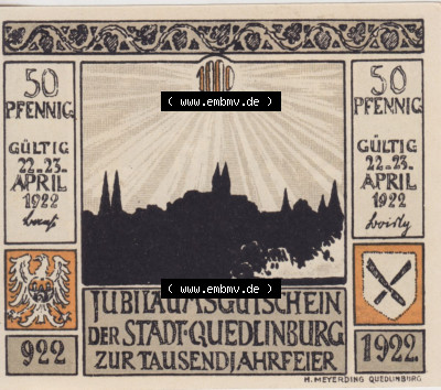 Notgeldscheine aus Quedlinburg 1922, 50 Pfennig Gefangennahme des Raubgrafen 1337 (2) Sammlung