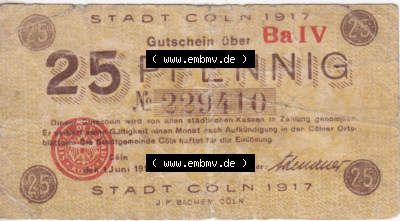 Notgeldscheine aus Köln 1917-1918, Ba IV 25 Pfennig (1) Sammlung