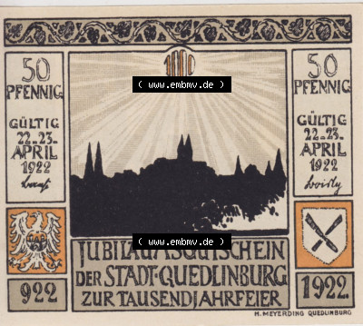 Notgeldscheine aus Quedlinburg 1922, 50 Pfennig Äbtissin Mathilde 966 (2) Sammlung