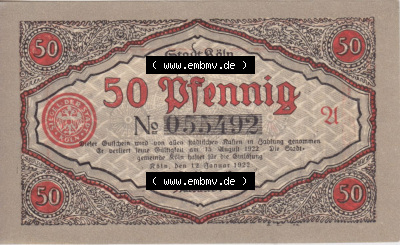 Notgeldscheine aus Köln mit Soldaten-Serie 1922 A III, 50 Pfennig 5 (2) Sammlung
