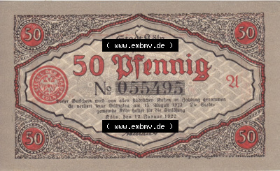 Notgeldscheine aus Köln mit Soldaten-Serie 1922 A III, 50 Pfennig 3 (2) Sammlung