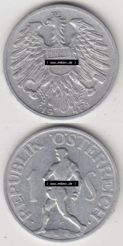Münzen Österreich / Austria Eurovorläufer, Umlaufmünze vor Euroeinführung 1946-1957, 1 Schilling 1947 II. (4) Sammlung