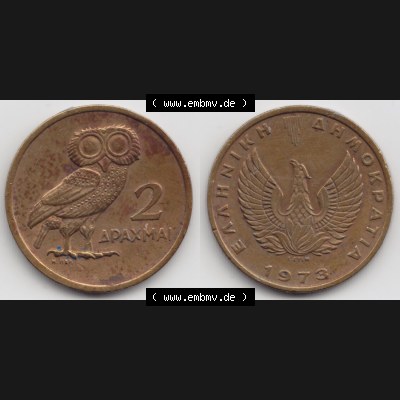 Münzen Griechenland Eurovorläufer, Umlaufmünze vor Euroeinführung 1973, 2 Apaxmai, Drachmen. VS+RS auf einen Bild/Foto einer Münze aus Griechenland... Sammlung