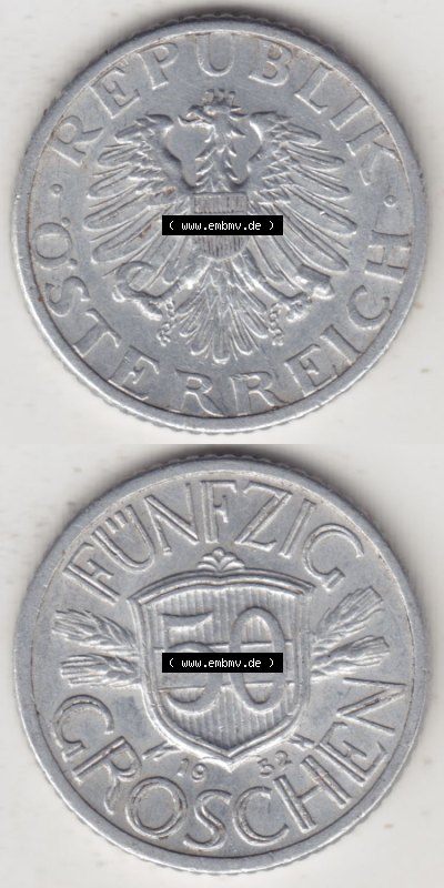 Münzen Österreich / Austria Eurovorläufer, Umlaufmünze vor Euroeinführung 1946-1955, 50 Groschen 1952 (4) Sammlung