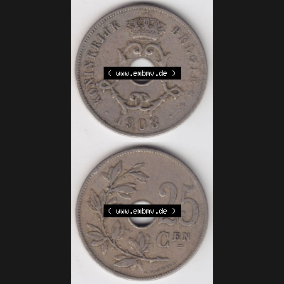 Münzen Belgien Eurovorläufer, Umlaufmünze vor Euroeinführung 1908-1909, 25 Cen, Centimes Koninkrijk Belgie (4) Sammlung
