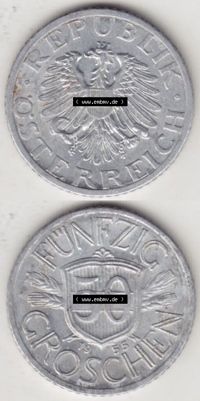 Münzen Österreich / Austria Eurovorläufer, Umlaufmünze vor Euroeinführung 1946-1955, 50 Groschen 1955 (4) Sammlung