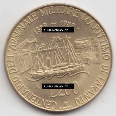 Münzen Italien / Italia Eurovorläufer, Umlaufmünze vor Euroeinführung 1989-1989, 200 Lire Marinebasis Tarent (1) Sammlung