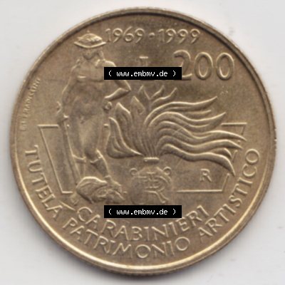 Münzen Italien / Italia Eurovorläufer, Umlaufmünze vor Euroeinführung 1999-1999, 200 Lire Carabinieri, Schutz der Kunsterbe (1) Sammlung