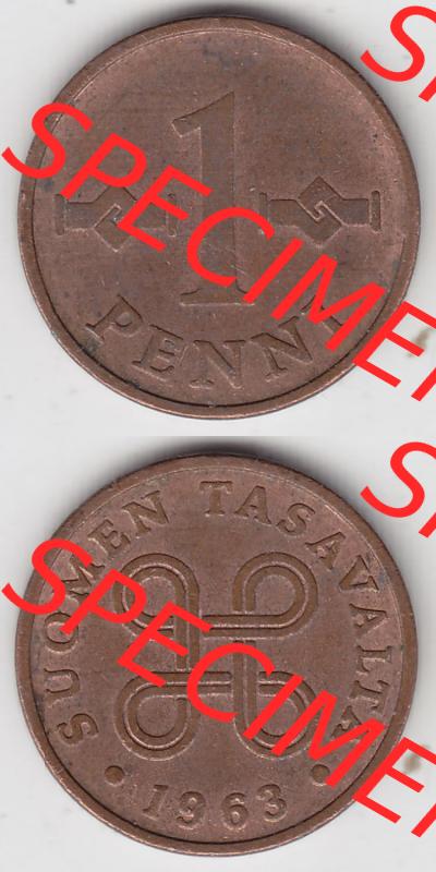 Münzen Finnland / SUOMI Eurovorläufer, Umlaufmünze vor Euroeinführung 1963-1969, 1 Penni 1963. Rückseite und Vorderseite vertikal untereinander für... Sammlung